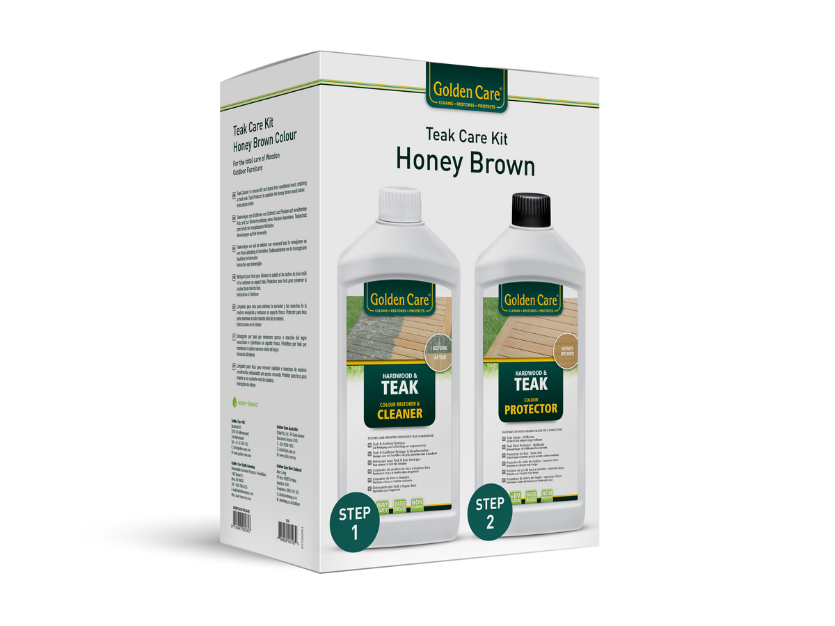Golden Care Wood Care Kit avec Teak Cleaner et Teak Protector Honey Brown, 2 × 1000 ml