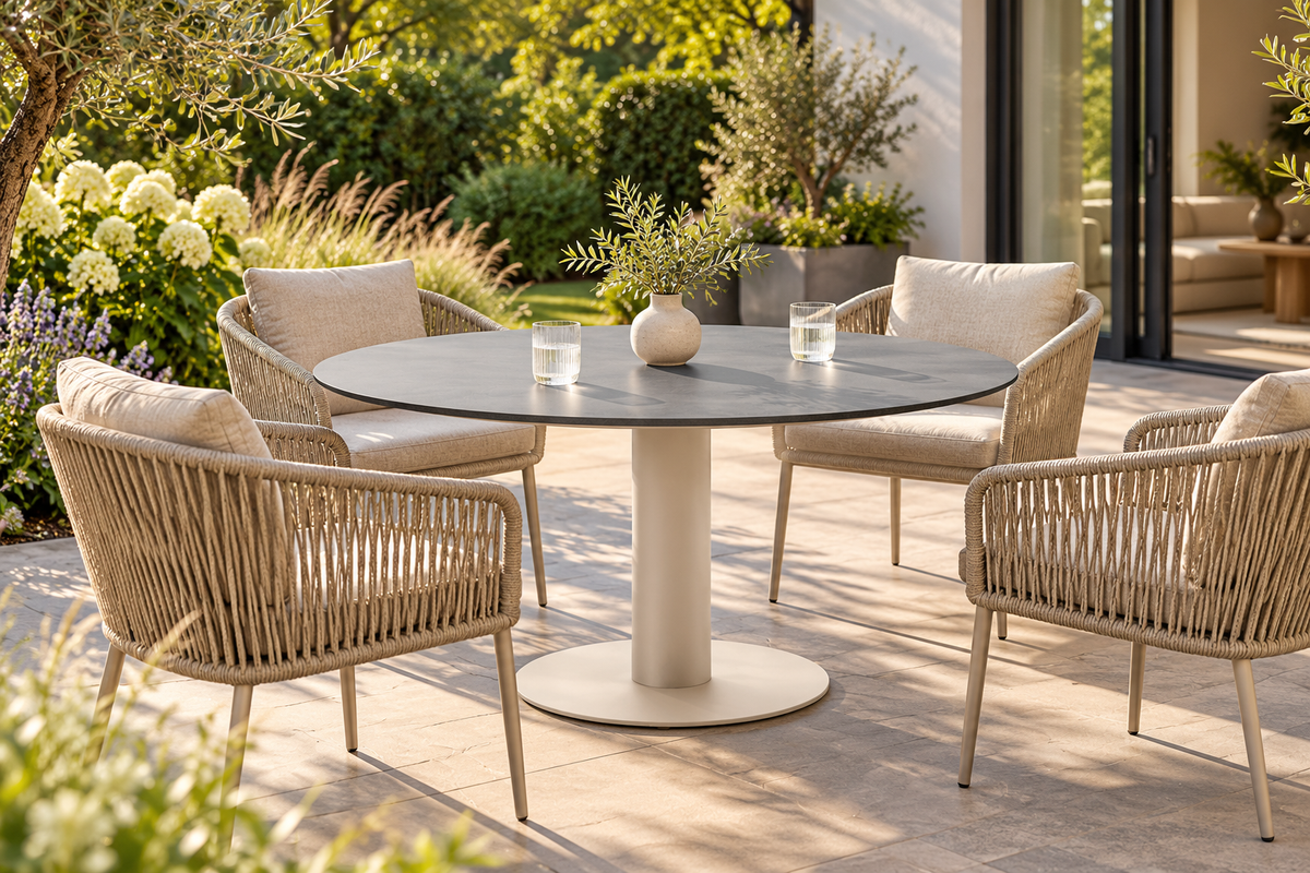 Terrassenszene mit rundem HPL-Gartentisch, hellem Fuß und Rope-Stühlen auf einer begrünten Terrasse