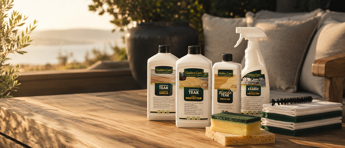 Golden-Care-Pflegeprodukte mit Bürste, Schwamm und Tüchern auf einem Gartentisch aus Holz.